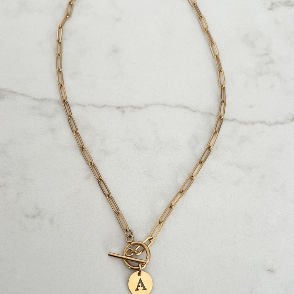 Gold Toggle Paperclip Necklace with Initial Pendant
